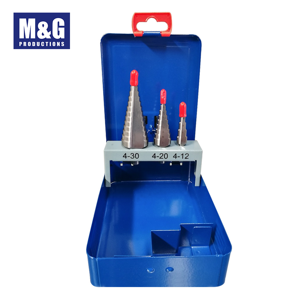 HSS M2 Straight Flute 3pcs/set Step Drills Set 4-30mm,Blue Metal Box Packing.