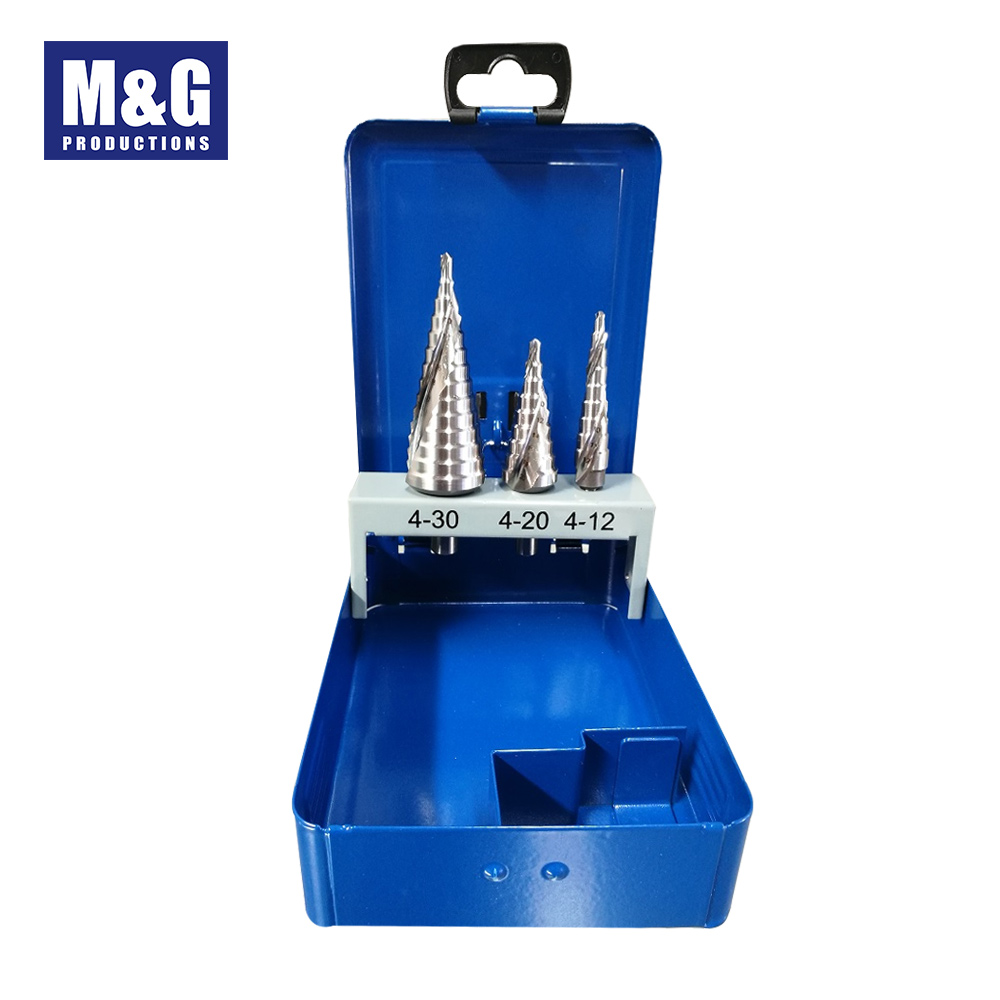 HSS M2 Spiral Flute 3pcs/set Step Drills Set 4-30mm,Blue Metal Box Packing.